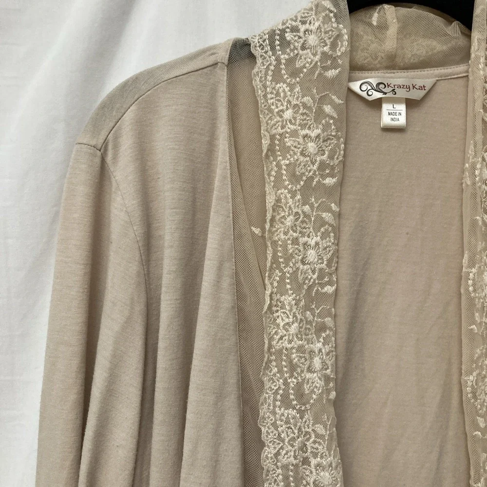 Krazy Kat Women's Beige Lace Trimmed Open‎ Front Cardigan - SZ L